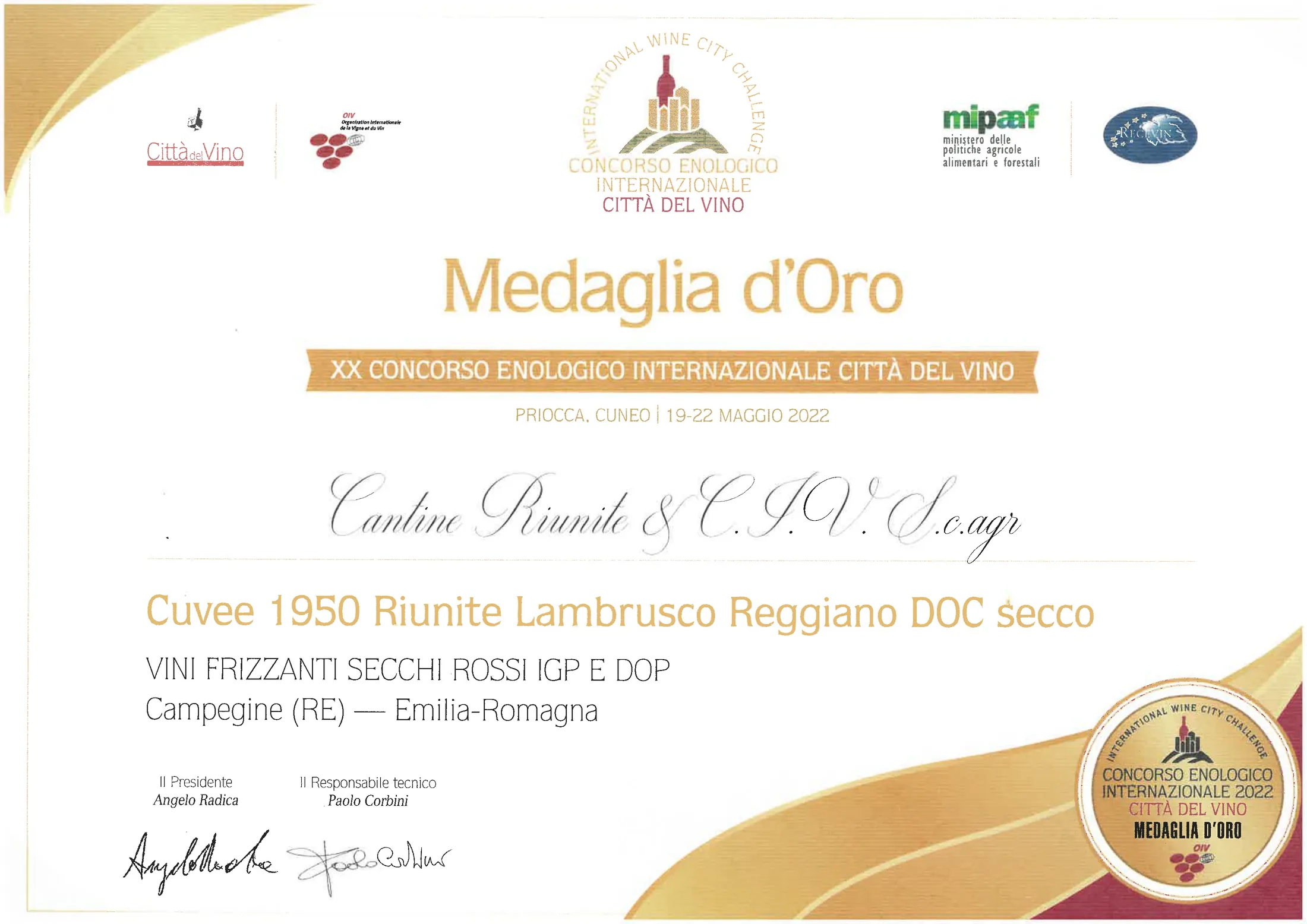Città del Vino 国际葡萄酒大赛(第 20 届) 2022 金奖 Medaglia d'Oro证书:Cuvee 1950 Riunite Lambrusco Reggiano DOC secco