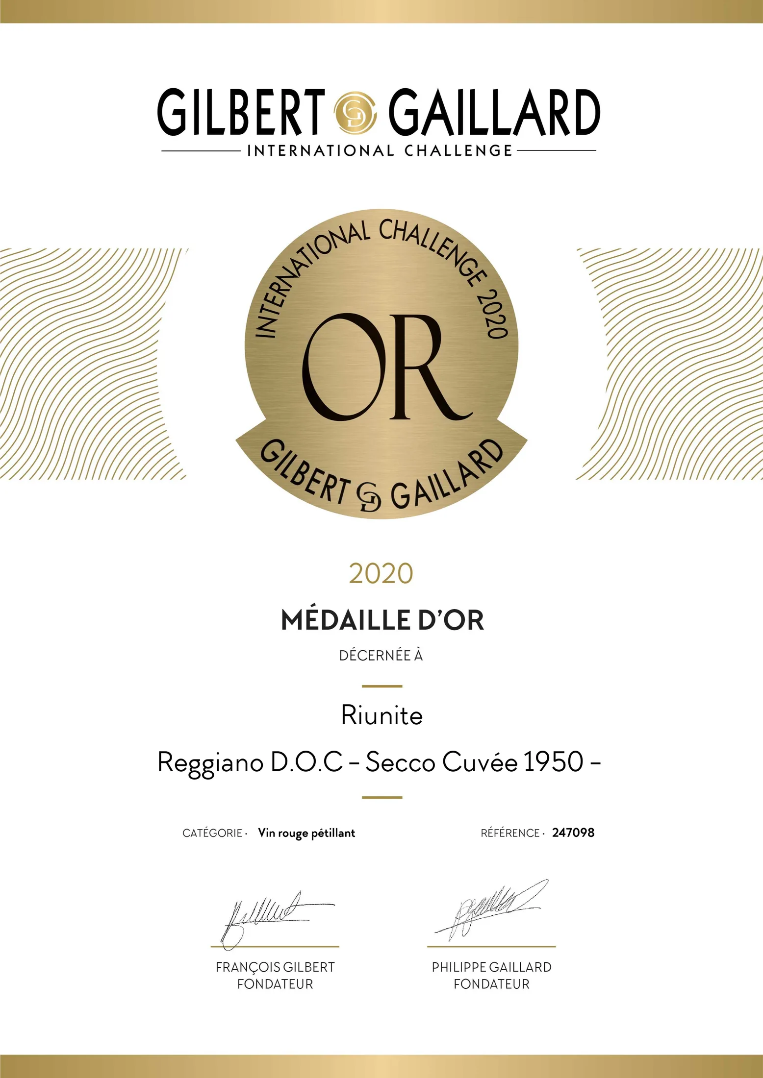 吉尔伯特 & 盖拉德国际葡萄酒挑战赛 2020 金奖 Médaille d'Or证书:Riunite Reggiano D.O.C. Secco Cuvée 1950