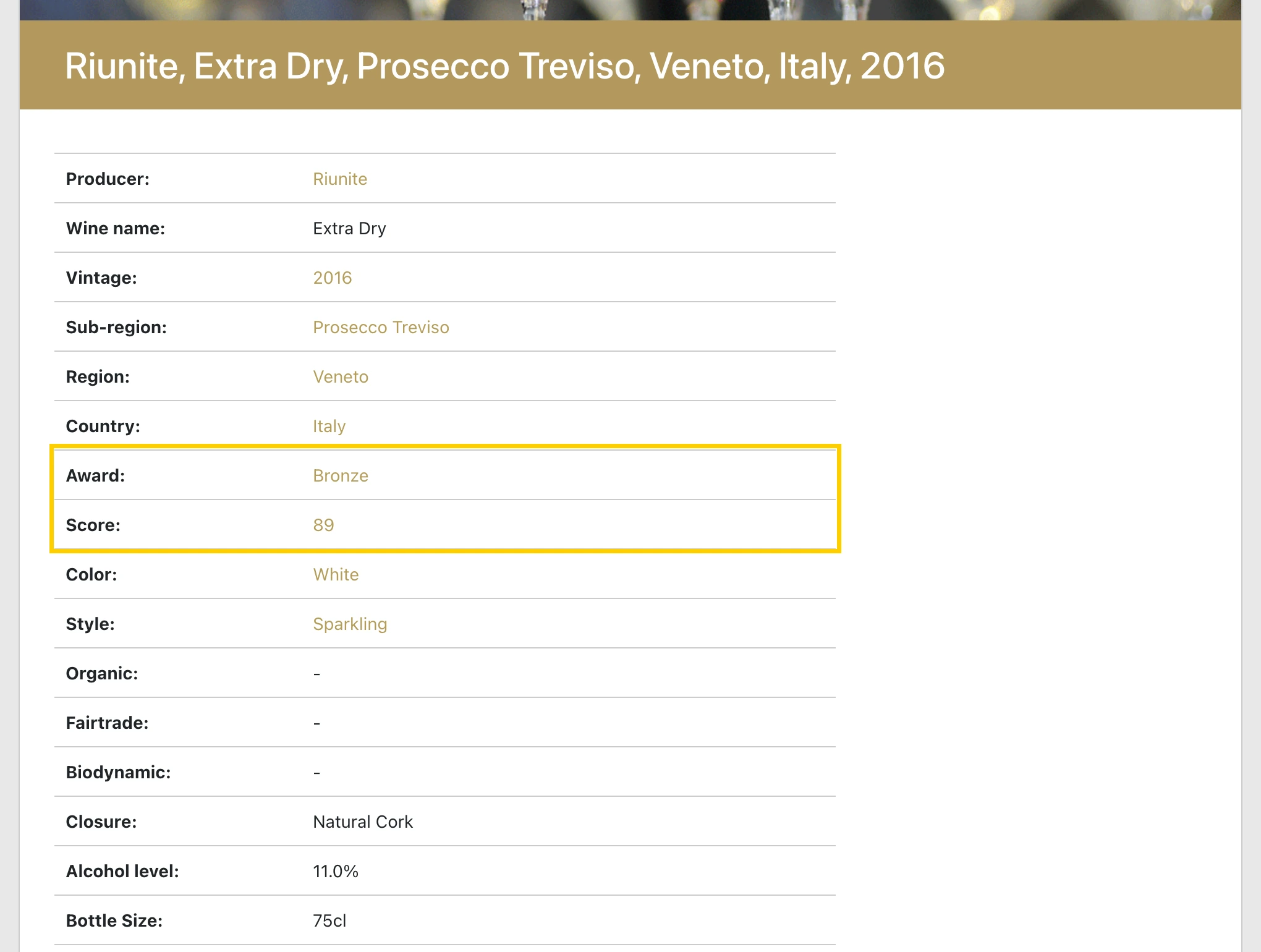 Riunite Extra Dry 2016, Prosecco Treviso 官方获奖名单记录(Decanter 官方获奖数据库)