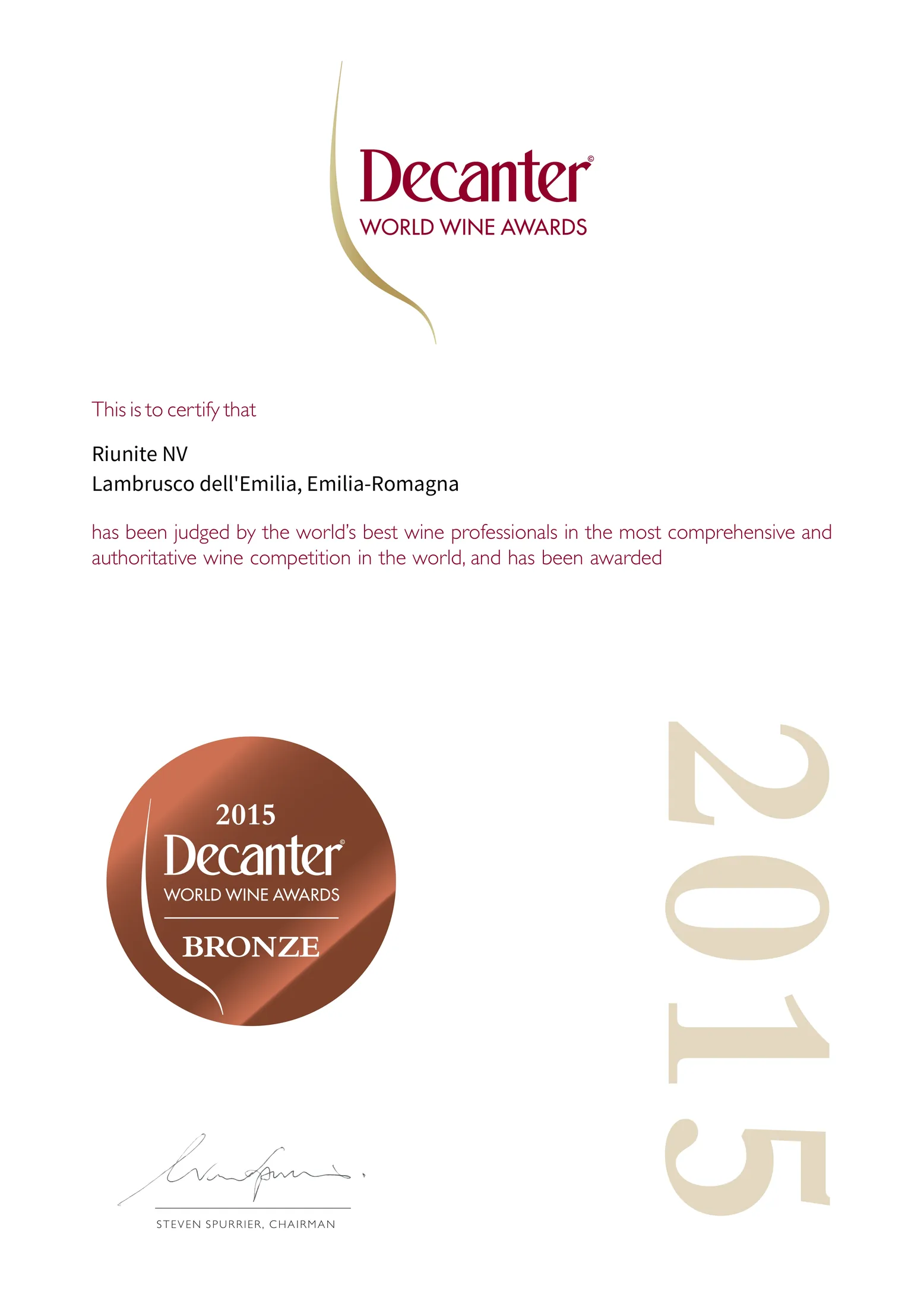 Decanter 世界葡萄酒大赛 2015 铜奖 Bronze证书:Riunite NV, Lambrusco dell'Emilia
