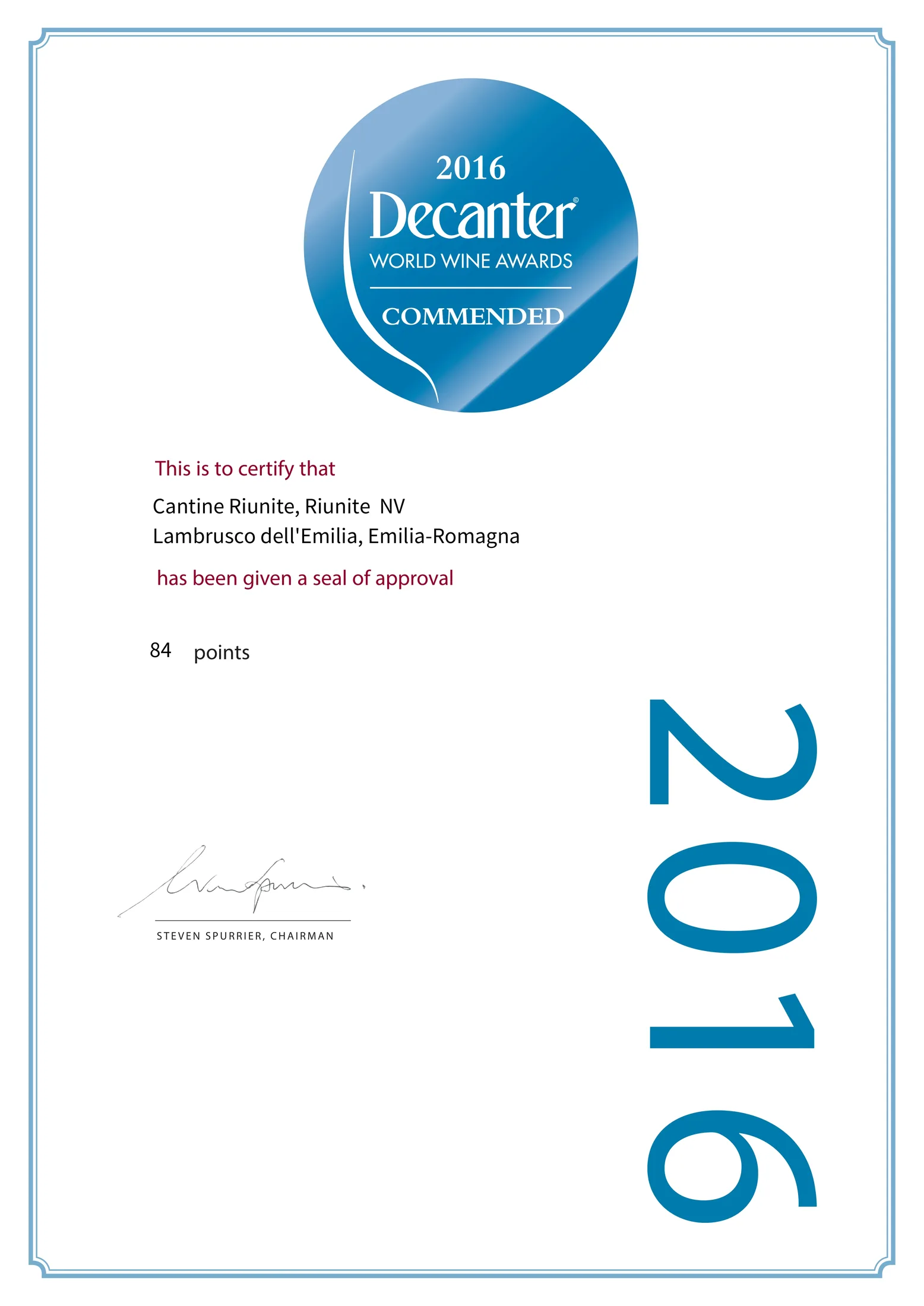 Decanter 世界葡萄酒大赛 2016 嘉许奖 84 分证书:Riunite NV, Lambrusco dell'Emilia