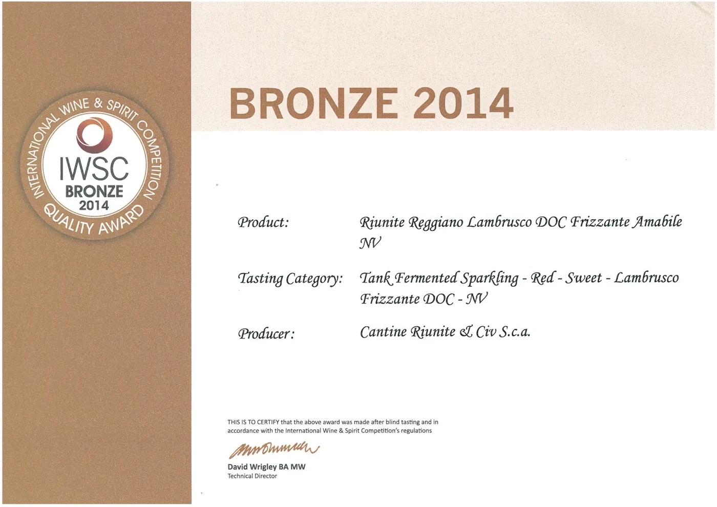 IWSC 国际葡萄酒与烈酒大赛 2014 铜奖 Bronze证书:Riunite Reggiano Lambrusco DOC Frizzante Amabile NV