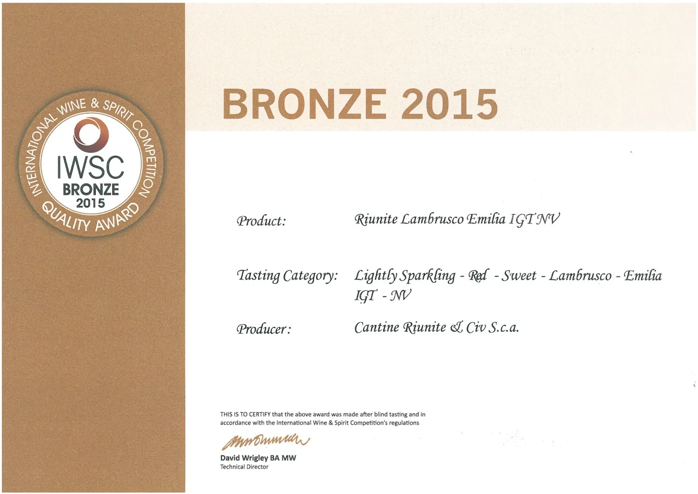 IWSC 国际葡萄酒与烈酒大赛 2015 铜奖 Bronze证书:Riunite Lambrusco Emilia IGT NV
