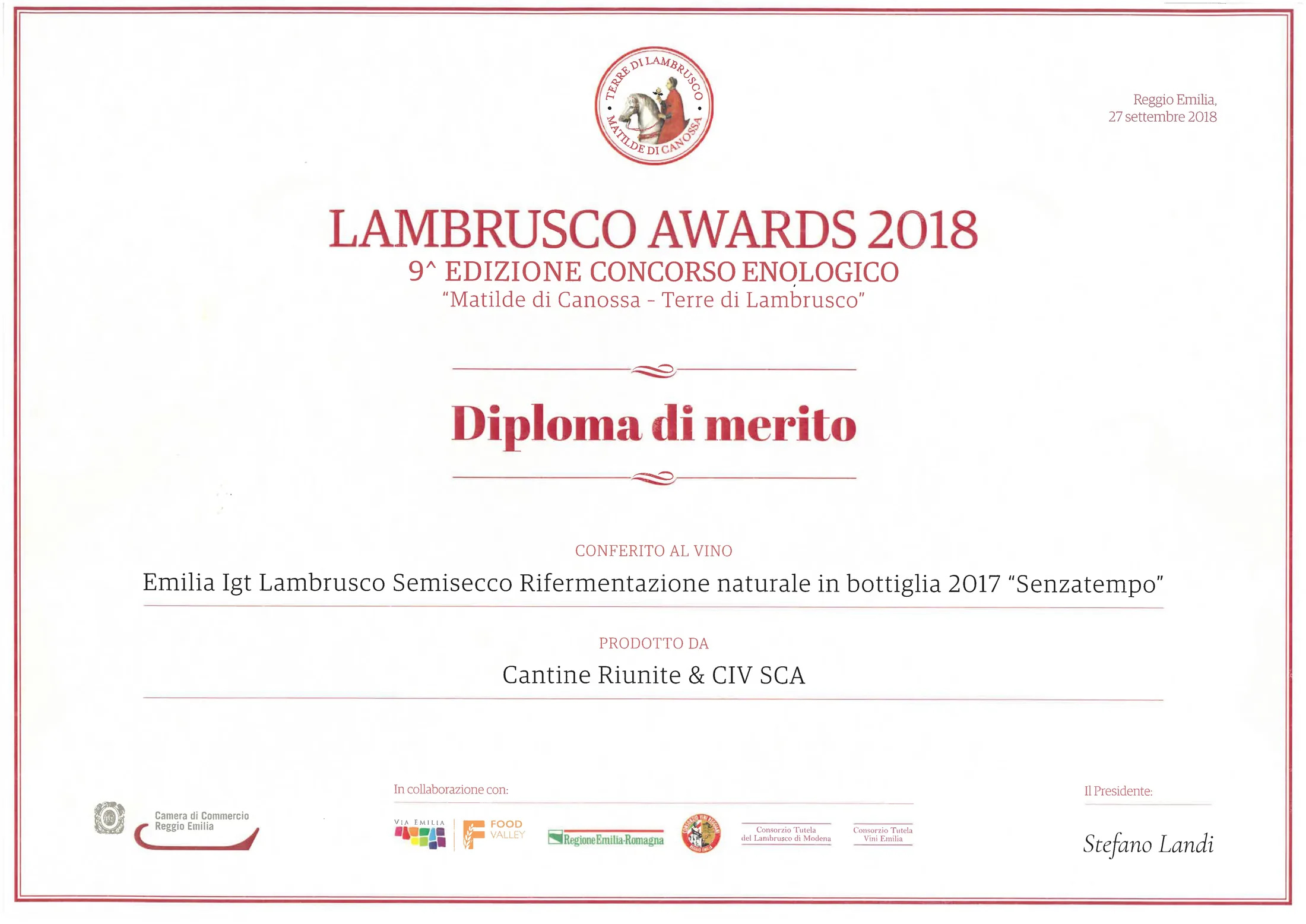第 9 届 Matilde di Canossa – Terre di Lambrusco 2018 优异奖 Diploma di merito证书:Lambrusco Semisecco「Senzatempo」2017(瓶内二次发酵)