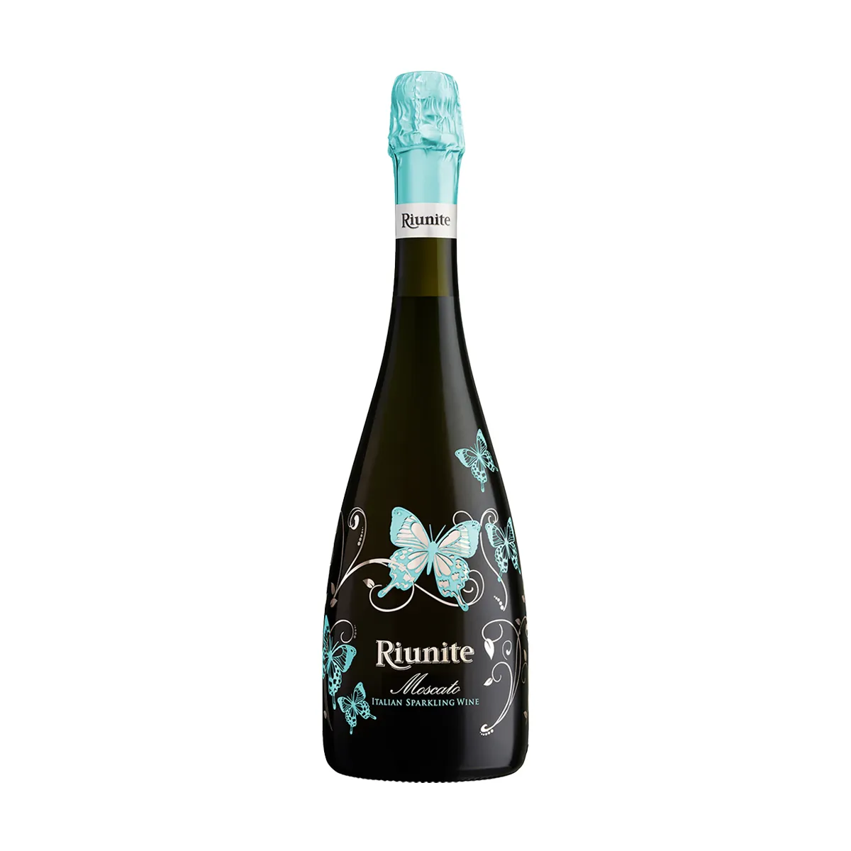 优尼特蝴蝶莫斯卡托甜低醇起泡白葡萄酒 750ML 瓶身正面，浅禾秆淡金黄色，通透清亮酒液，蝶翼阳光花果氛围